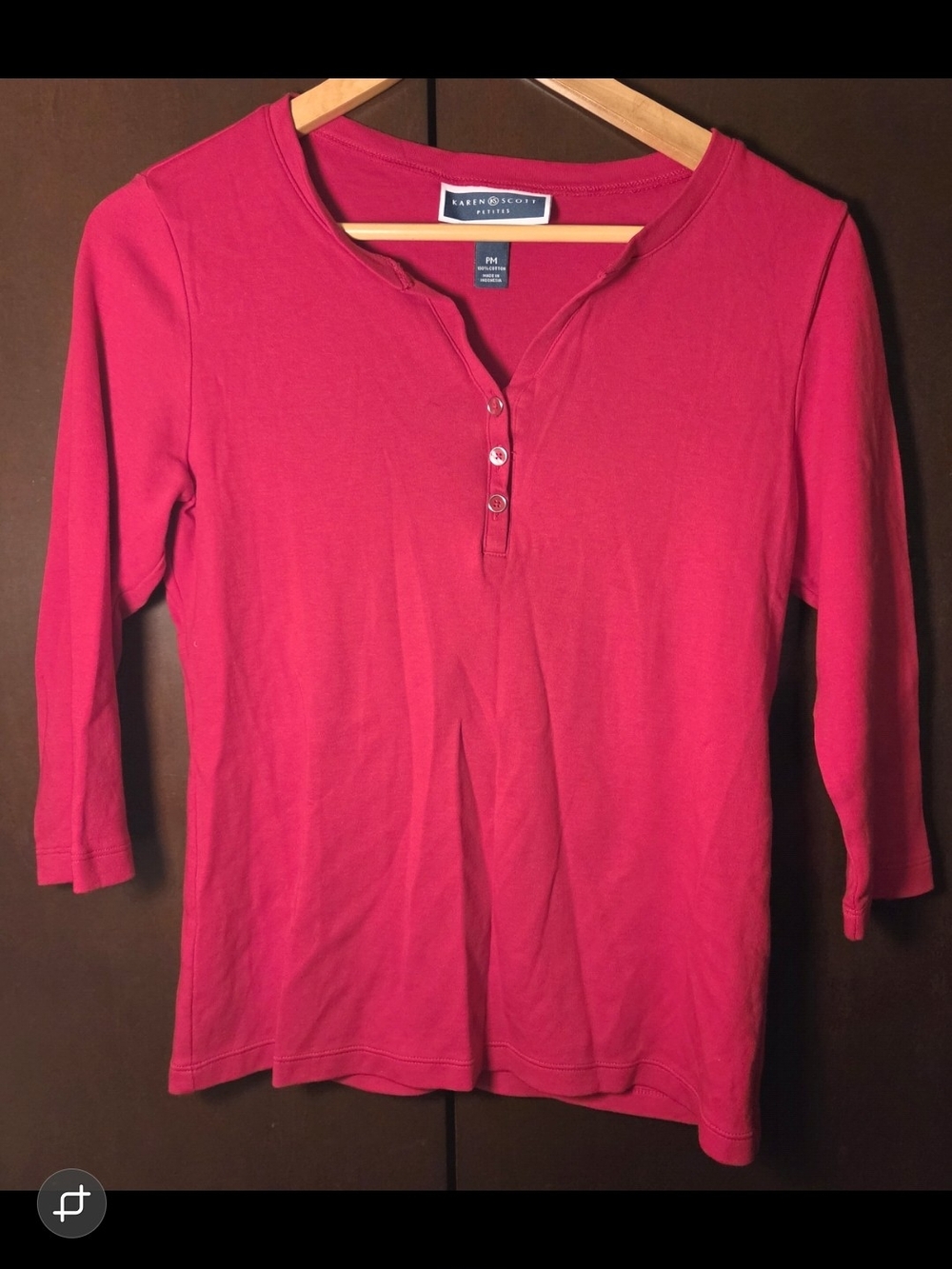 Karen Scott Bright Red Henley Long Sleeve Top Women Size Petite Medium